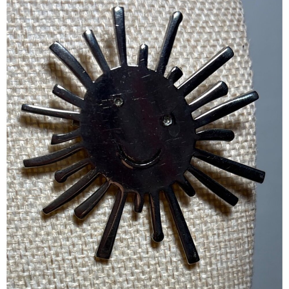 Vintage Sun Face Brooch Pin Silver Tone 2" Rhinestones